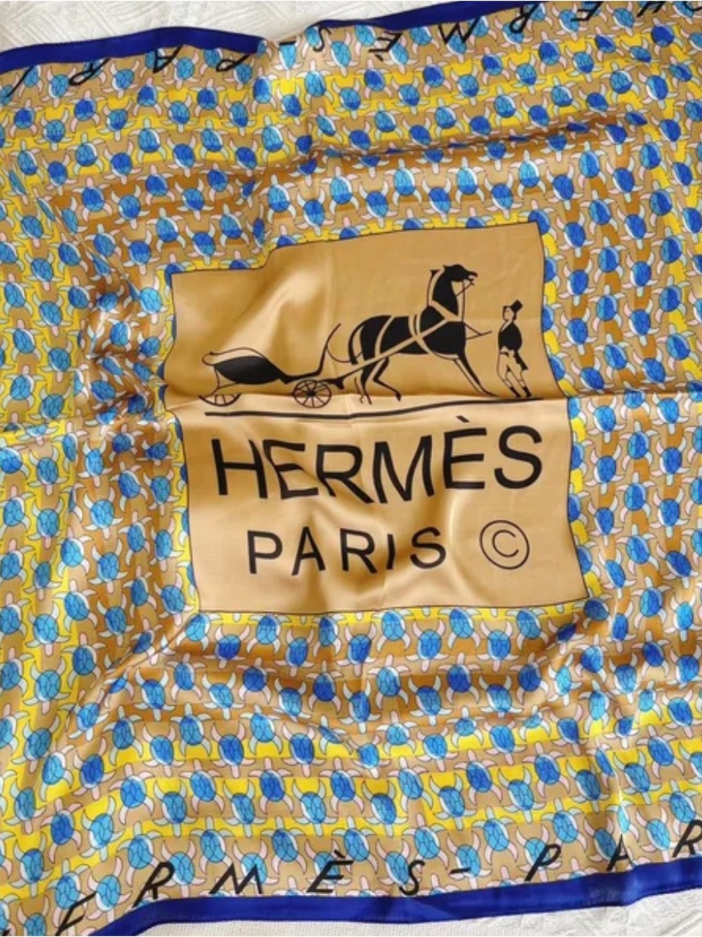 Hermès Yellow, Blue Scarf with Carriage Motif turtles 100% silk w/box bag tags
